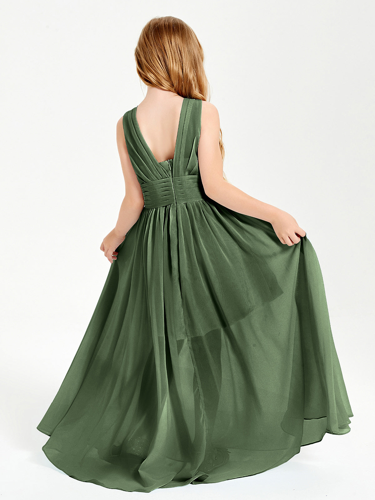 Long Elegant V-neck Bridesmaid Dresses For Juniors Olive Green